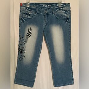 Crazy Age Denim Capri Light Wash w/ Rhinestone Phoenix detail on back and leg 8